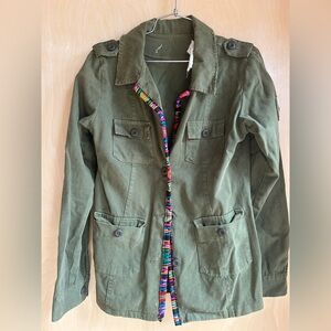 Free People Olive Green Military Style Jacket with Colorful Trim